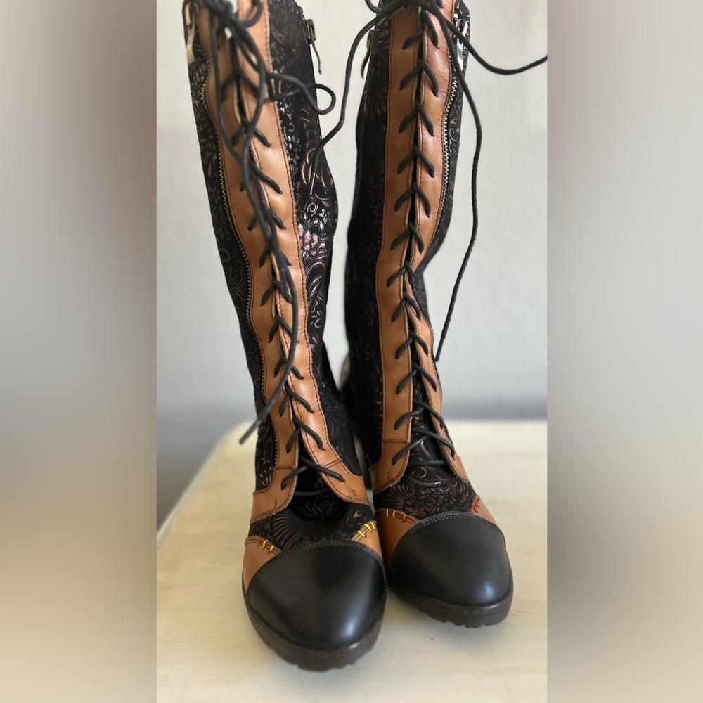 Super lady star boots, women’s size 37. Heeled, tan brown, leather, fabric print - Picture 2 of 9